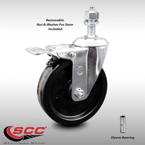 5 Inch SS Phenolic 1/2 Inch Threaded Stem Caster with Total Lock Brake SCC